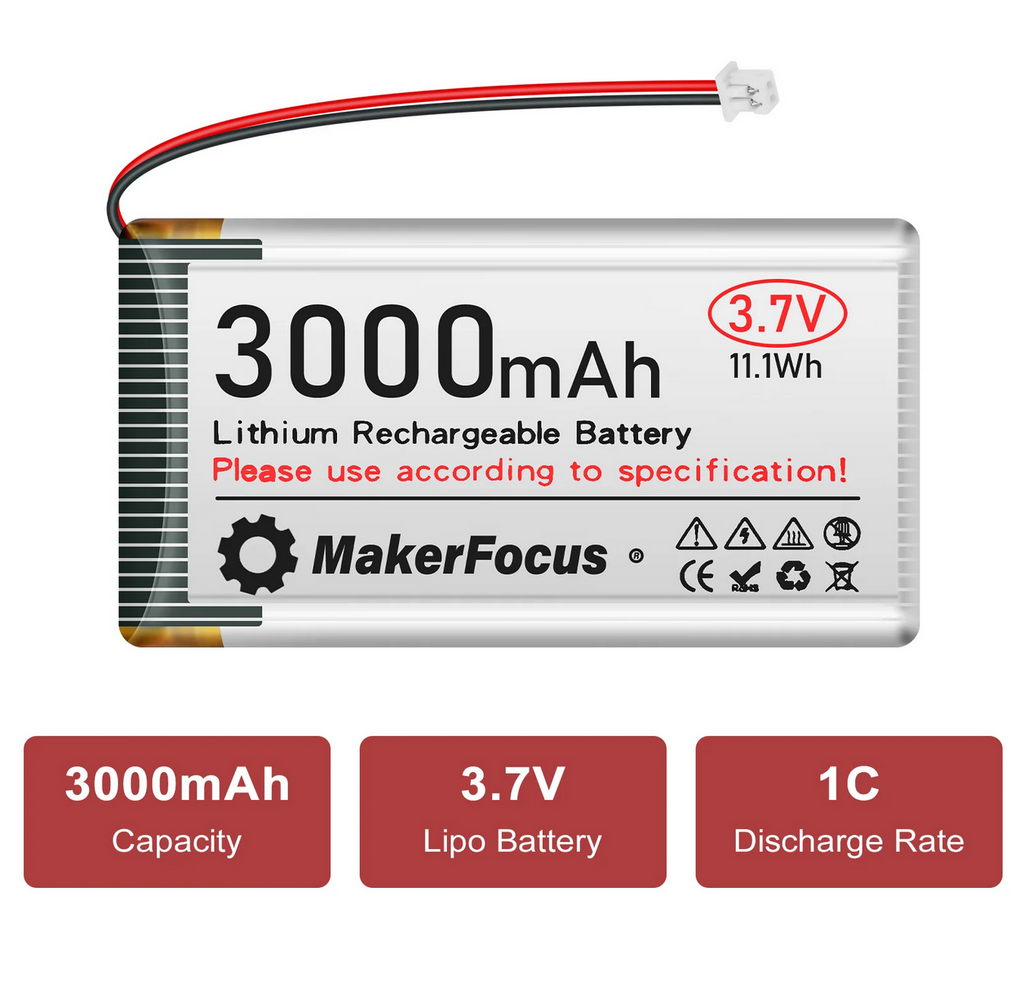 MakerFocus 3.7V 3000mAh LiPo Battery – JST 1.25 Connector